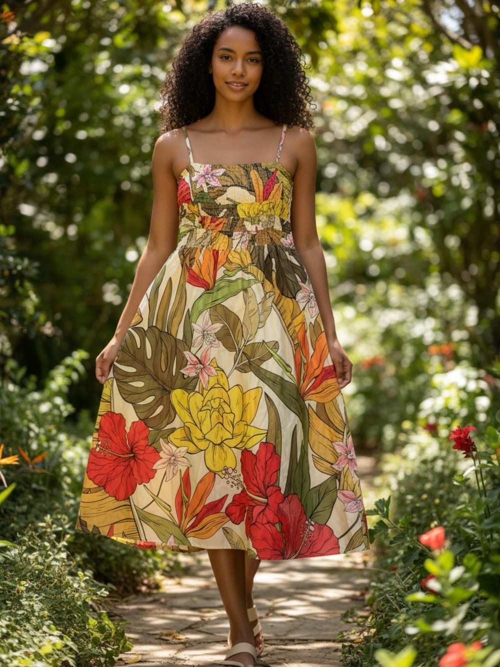 TCEC Tropical Floral Smocked Midi Dress in Cream, Yellow & Red
